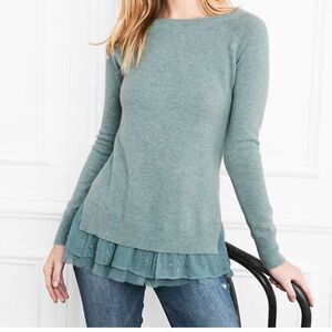 Garnet Hill Cashmere Silk Chiffon Lace Hem Shirttail Pullover Blue Sweater XS